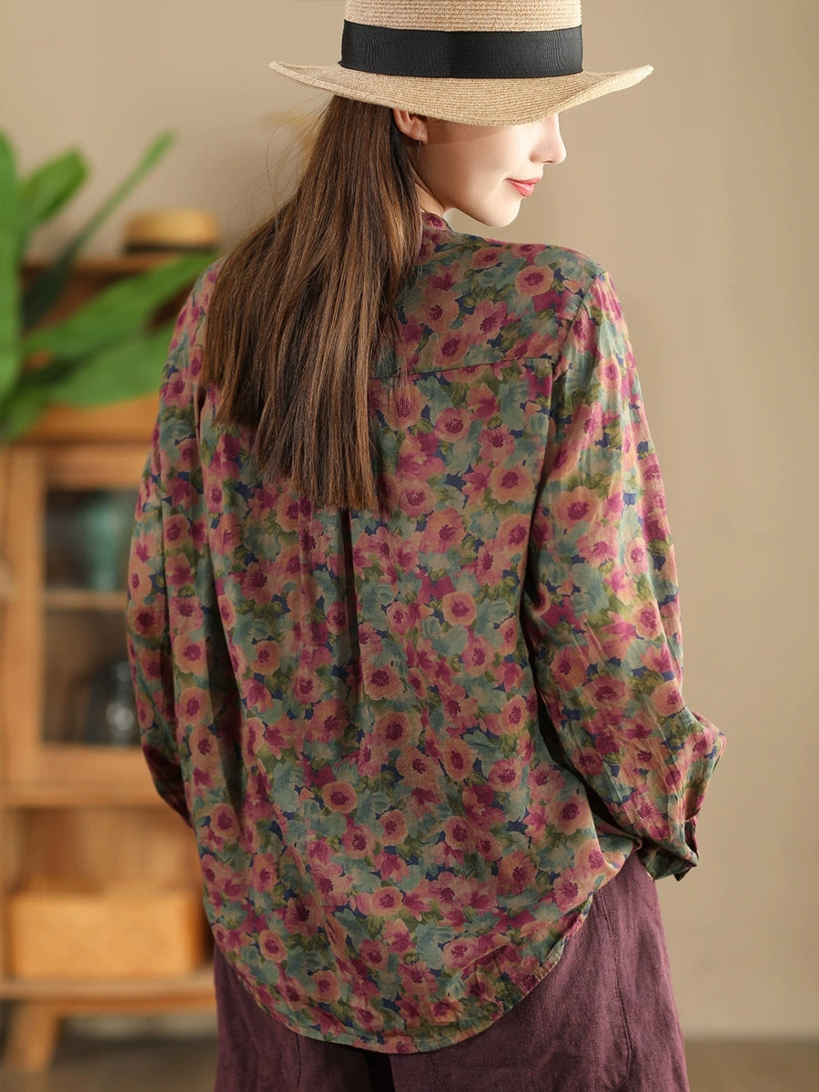 Women Autumn Vintage Flower Button-up Cotton Blouse