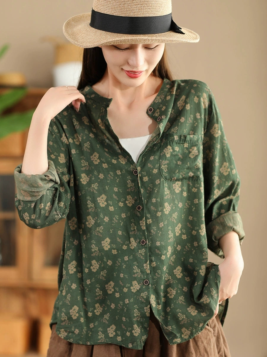 Women Autumn Vintage Flower Button-up Cotton Blouse