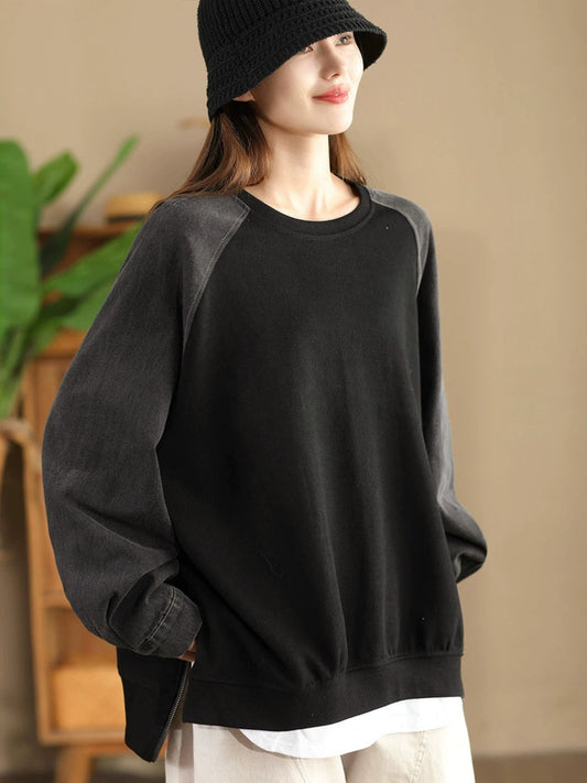 Women Autumn Vintage Colorblock O-Neck Cotton Sweatshirt