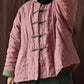 Women Autumn Ethnic Stripe Button Linen Short Padded Coat