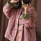 Women Autumn Ethnic Stripe Button Linen Short Padded Coat