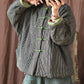 Women Autumn Ethnic Stripe Button Linen Short Padded Coat