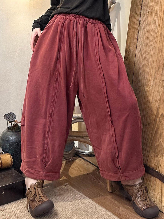 Women Autumn Retro Solid Spliced Cotton Wide-elg Pants