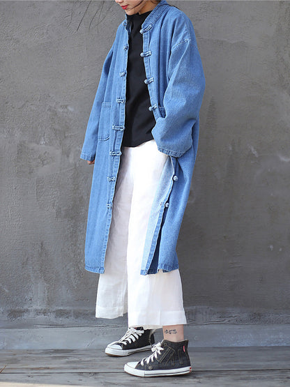 Women Autumn Casual Solid Pocket Denim Robe Coat