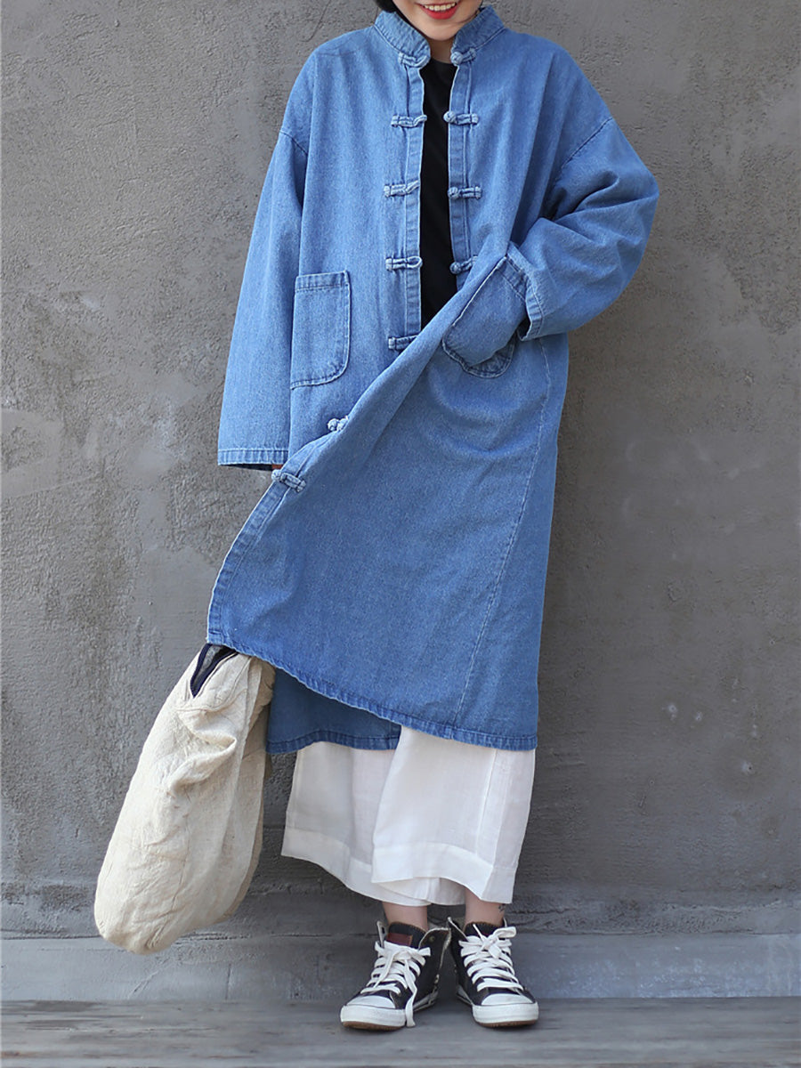 Women Autumn Casual Solid Pocket Denim Robe Coat