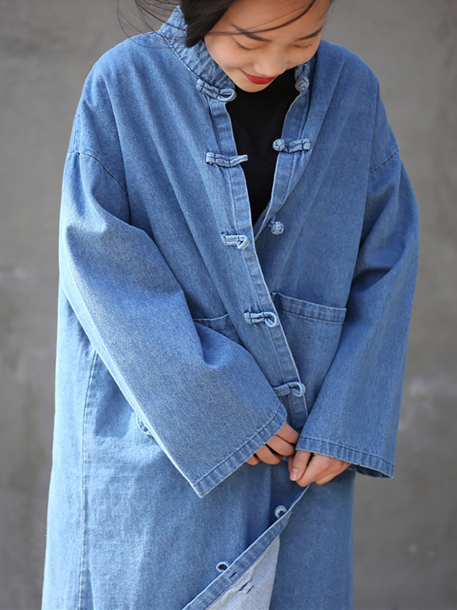 Women Autumn Casual Solid Pocket Denim Robe Coat