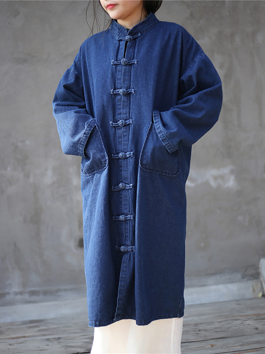 Women Autumn Casual Solid Pocket Denim Robe Coat