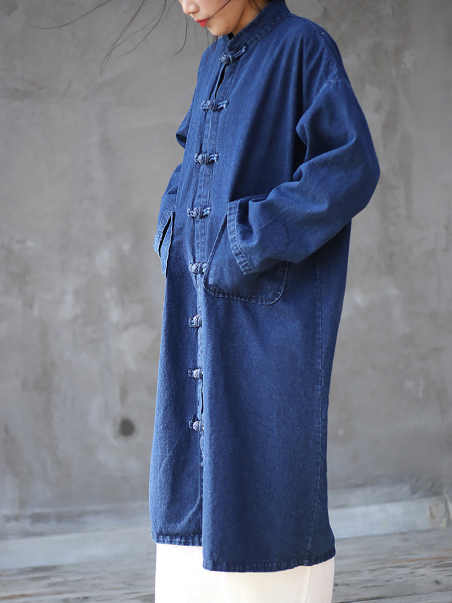 Women Autumn Casual Solid Pocket Denim Robe Coat