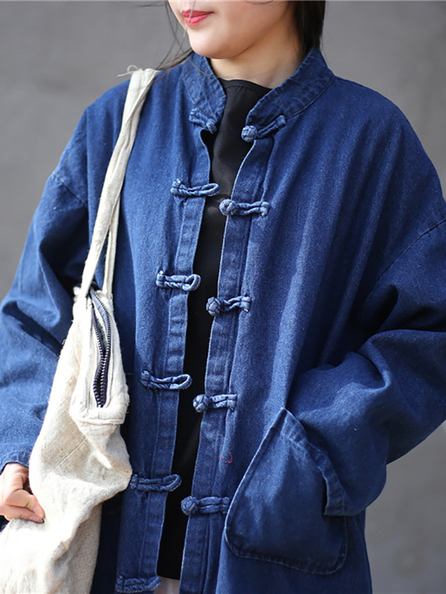 Women Autumn Casual Solid Pocket Denim Robe Coat