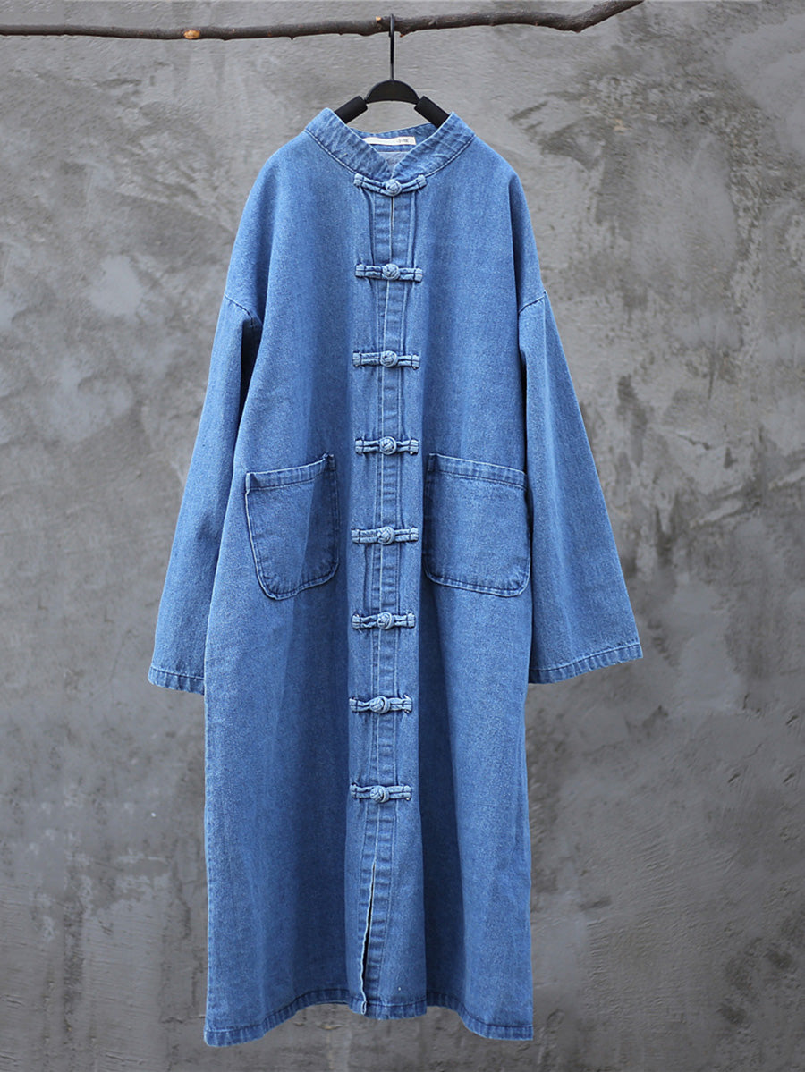 Women Autumn Casual Solid Pocket Denim Robe Coat