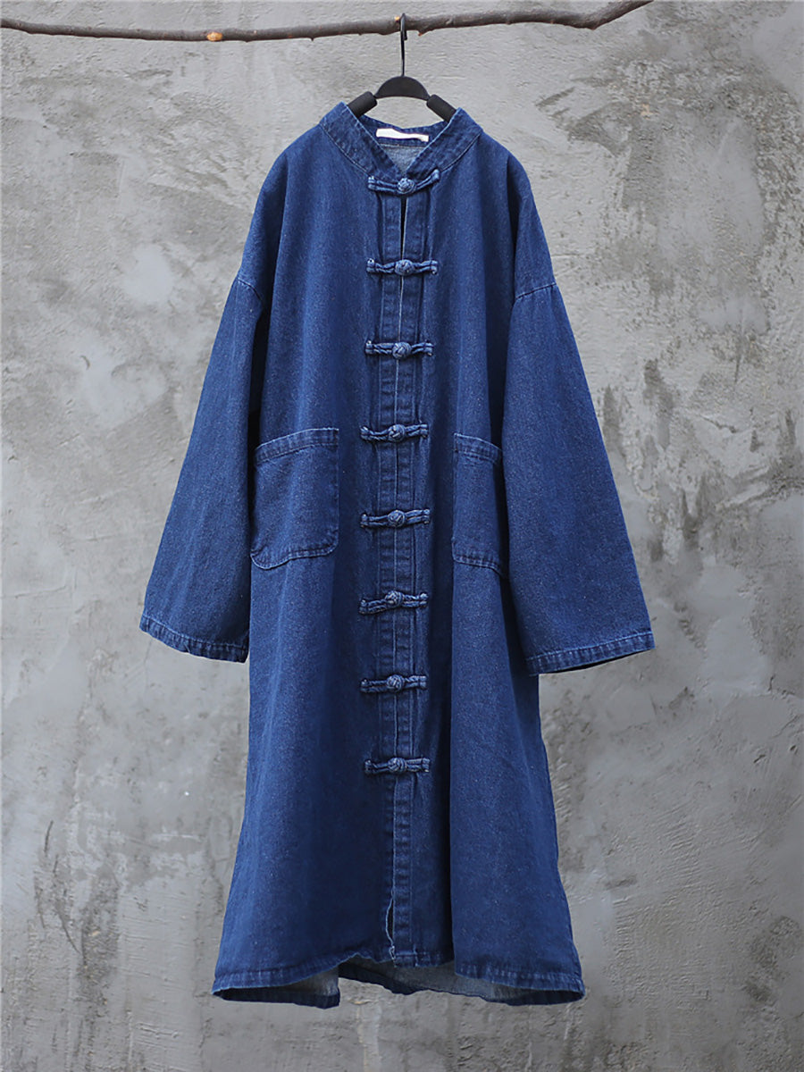 Women Autumn Casual Solid Pocket Denim Robe Coat