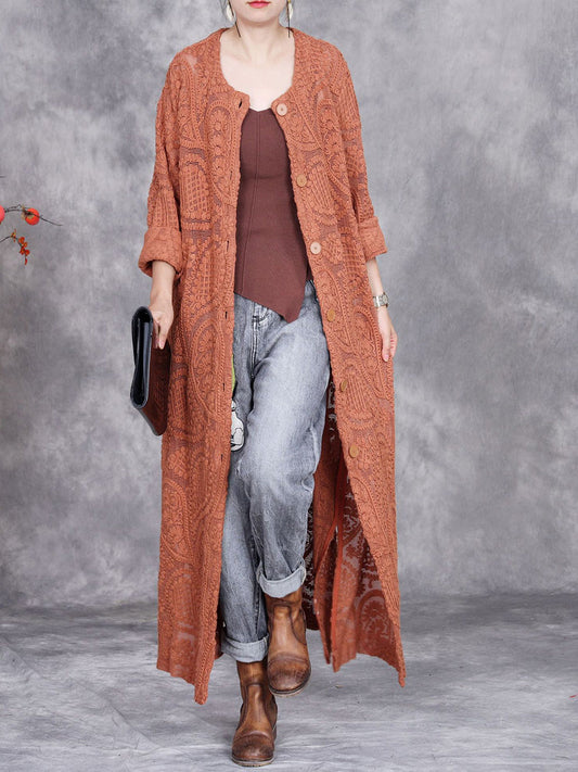 Women Autumn Artsy Embroidery Knitted Long Cardigan Coat