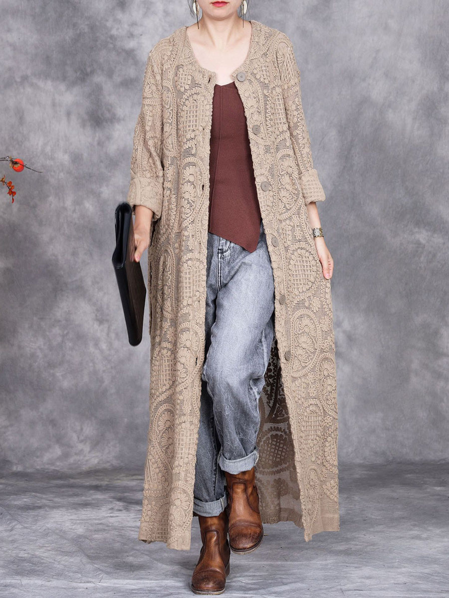 Women Autumn Artsy Embroidery Knitted Long Cardigan Coat