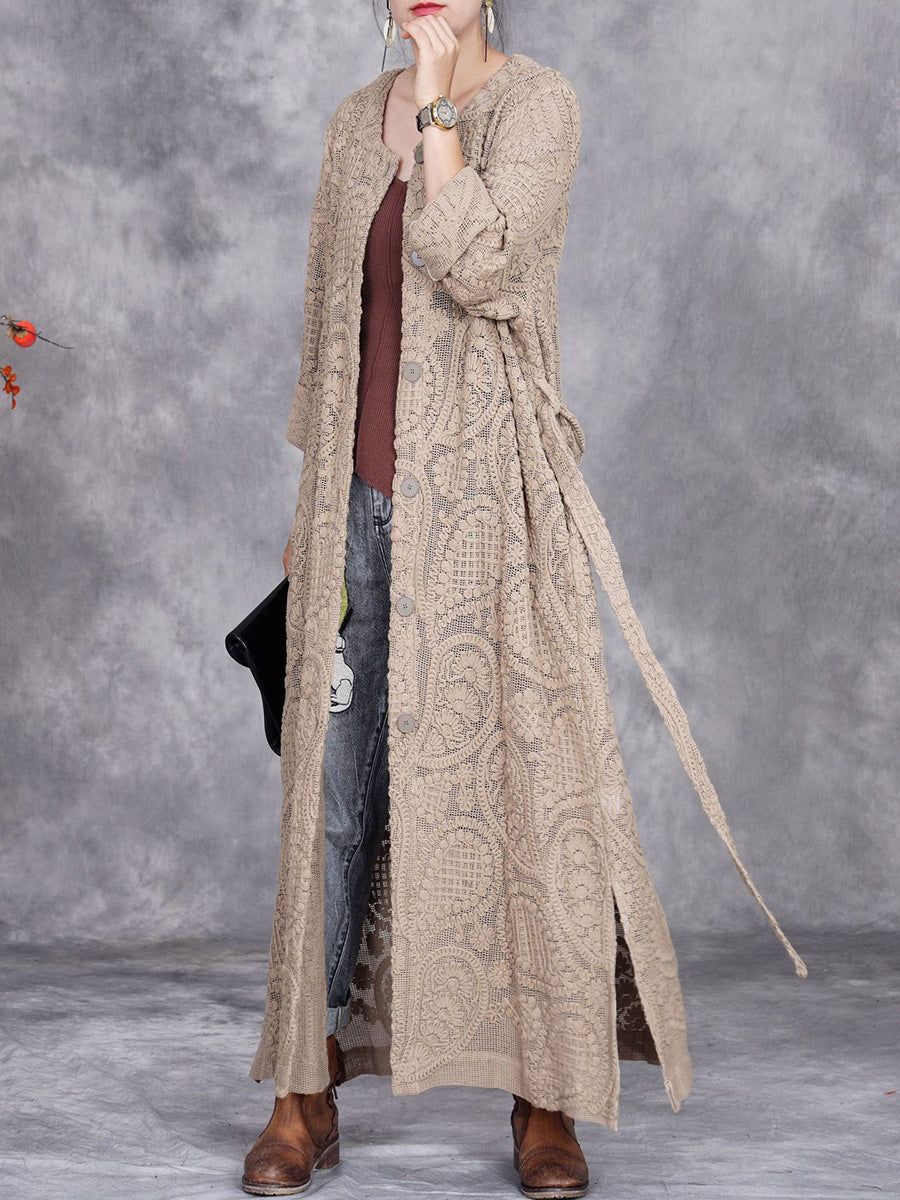 Women Autumn Artsy Embroidery Knitted Long Cardigan Coat