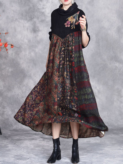 Women Autumn Flower Spliced Turtleneck Loose Dress