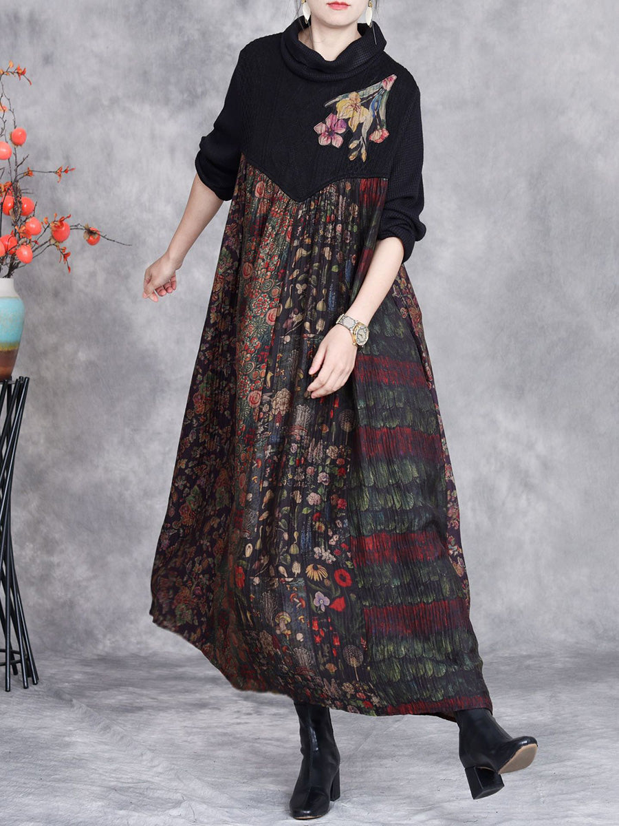 Women Autumn Flower Spliced Turtleneck Loose Dress