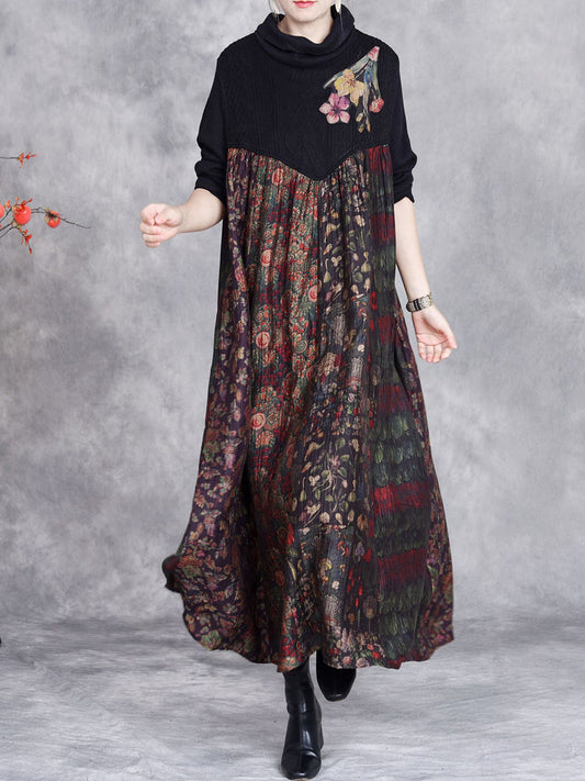 Women Autumn Flower Spliced Turtleneck Loose Dress