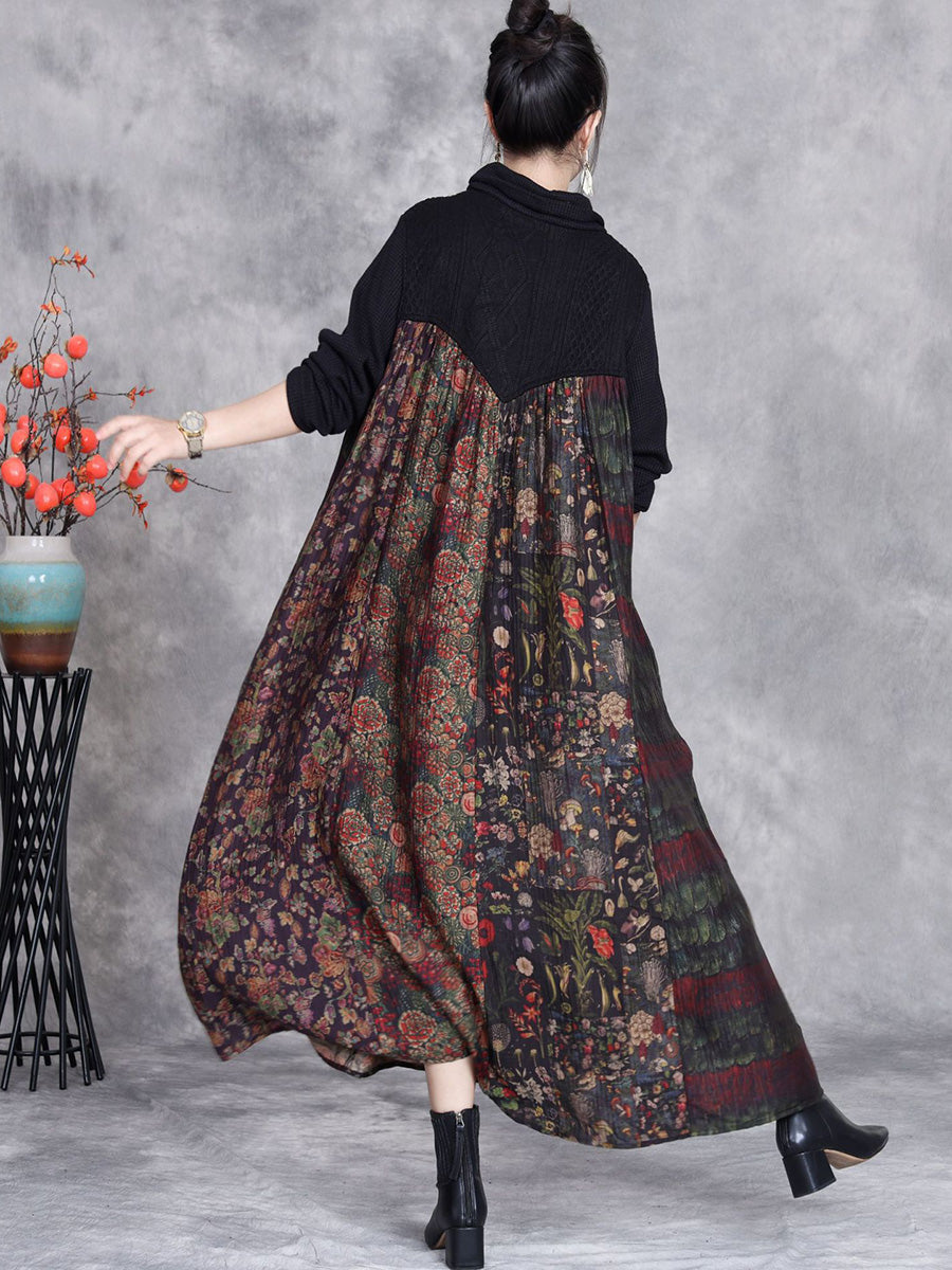 Women Autumn Flower Spliced Turtleneck Loose Dress