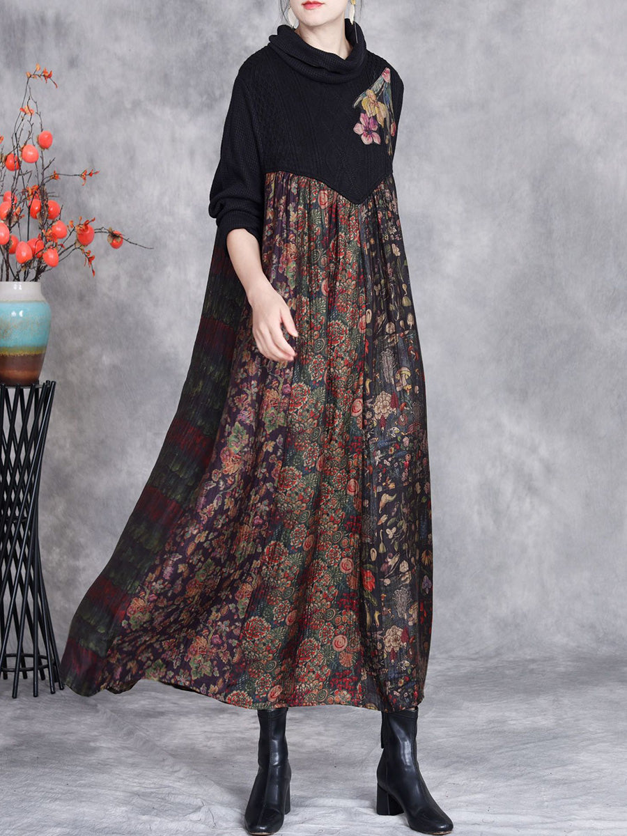 Women Autumn Flower Spliced Turtleneck Loose Dress