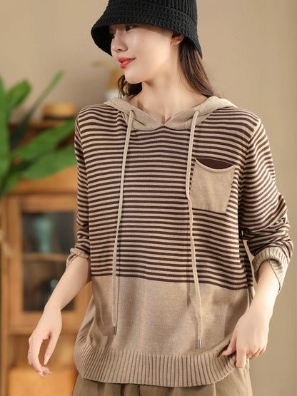 Women Autumn Casual Stripe Colorblock Hooded Sweatshirt