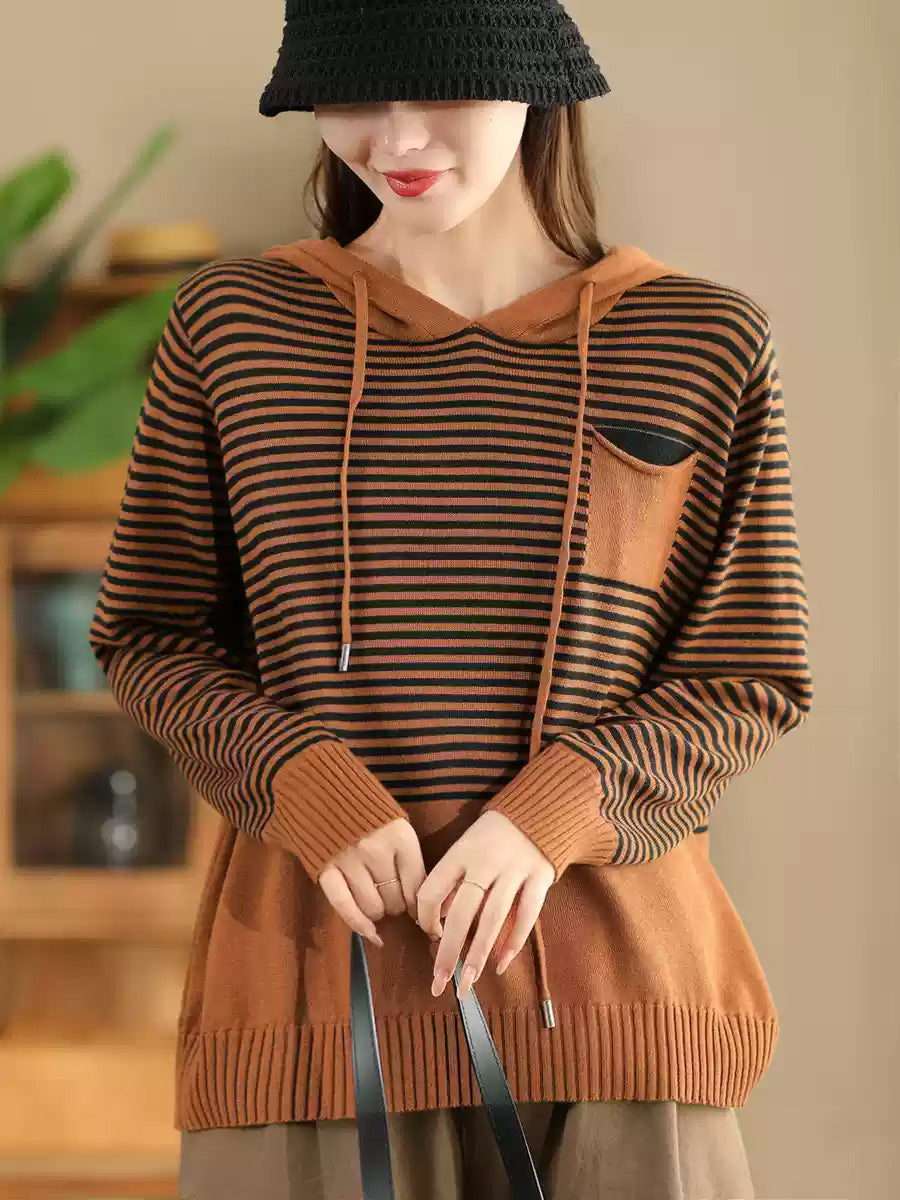 Women Autumn Casual Stripe Colorblock Hooded Sweatshirt