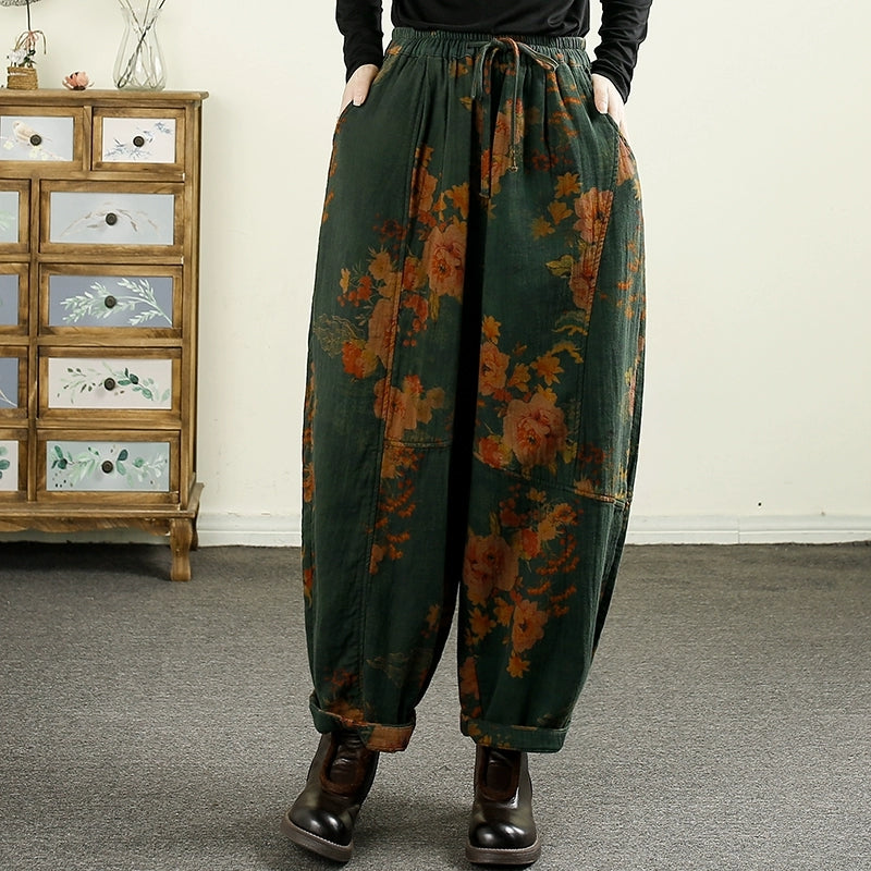 Women Autumn Flower Spliced Cotton Linen Harem Pants