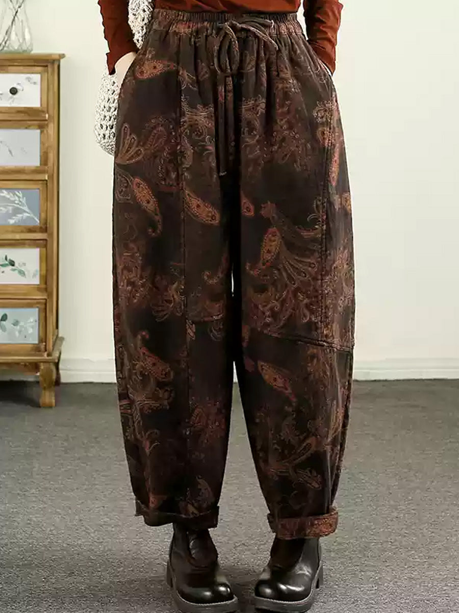 Women Autumn Flower Spliced Cotton Linen Harem Pants