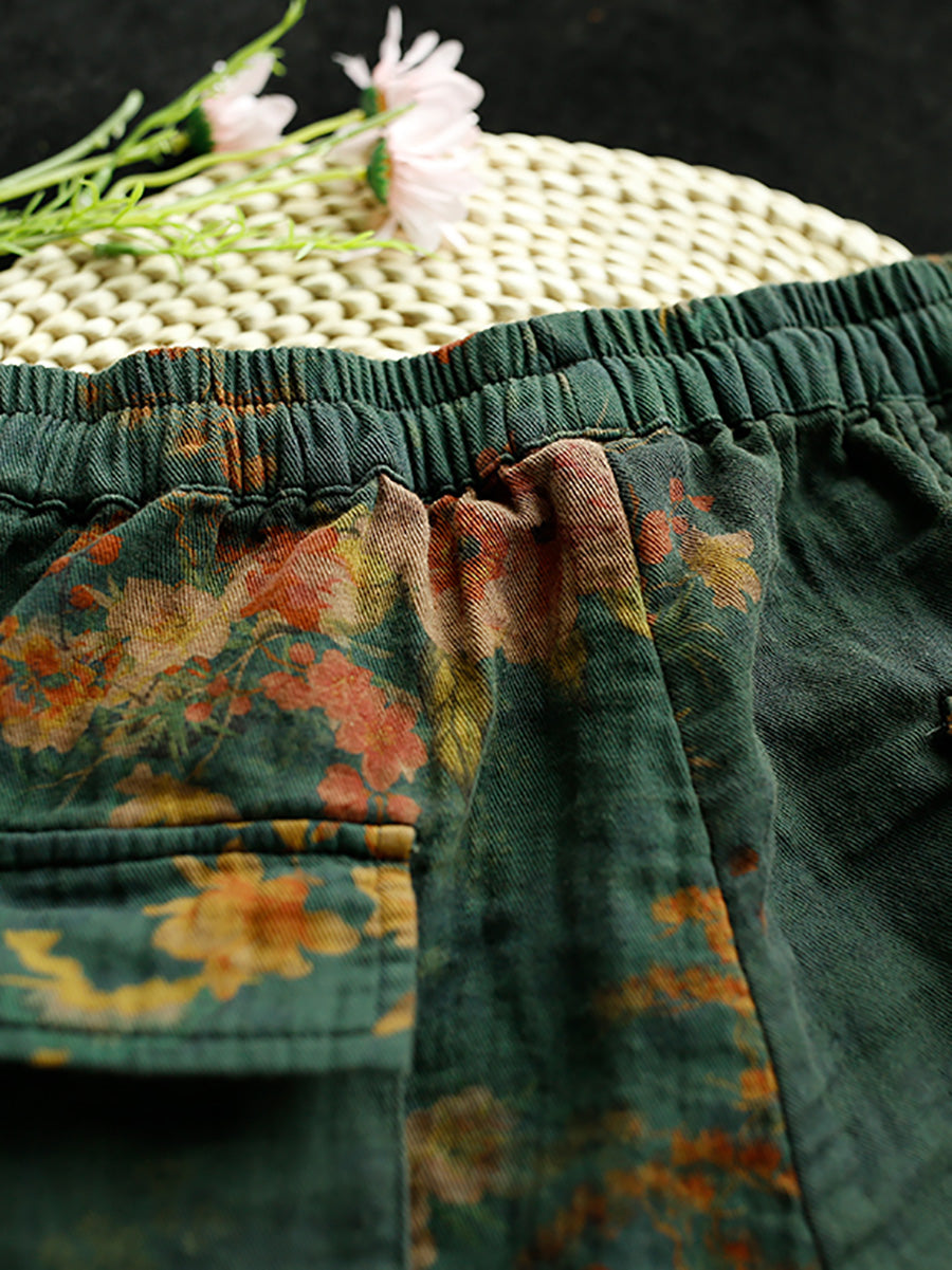 Women Autumn Flower Spliced Cotton Linen Harem Pants