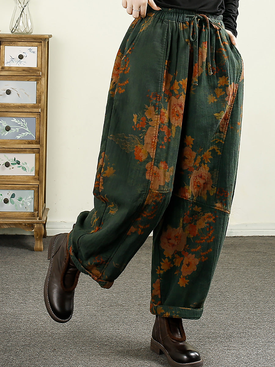 Women Autumn Flower Spliced Cotton Linen Harem Pants