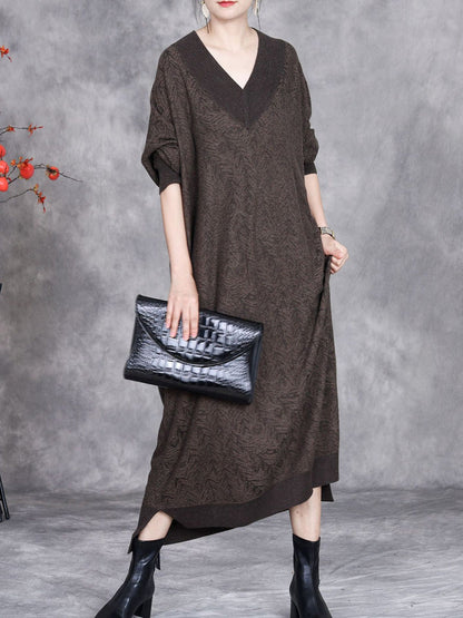 Women Autumn Artsy Colorblock V-neck Knit Dress