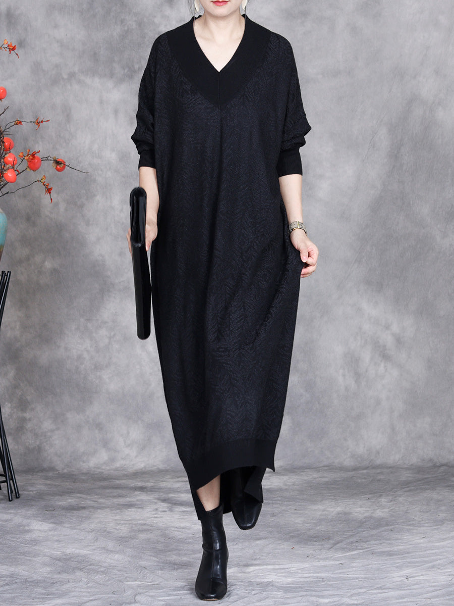 Women Autumn Artsy Colorblock V-neck Knit Dress