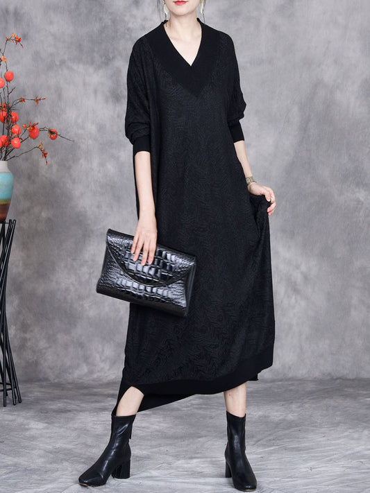 Women Autumn Artsy Colorblock V-neck Knit Dress