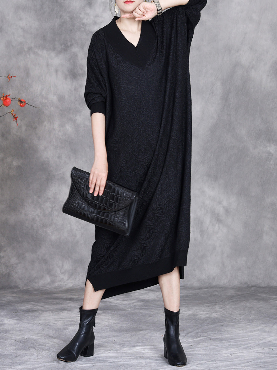 Women Autumn Artsy Colorblock V-neck Knit Dress