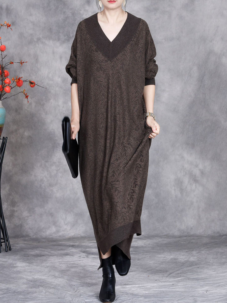 Women Autumn Artsy Colorblock V-neck Knit Dress