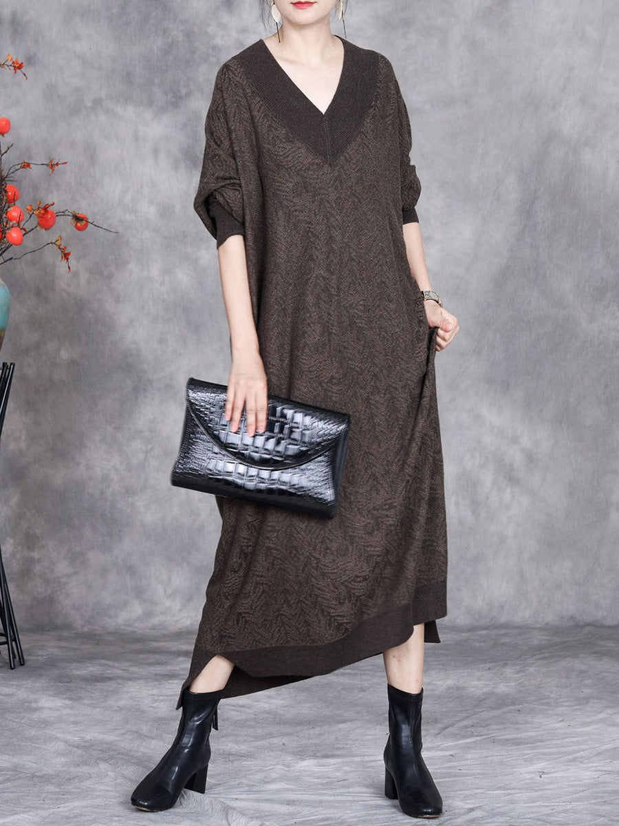 Women Autumn Artsy Colorblock V-neck Knit Dress