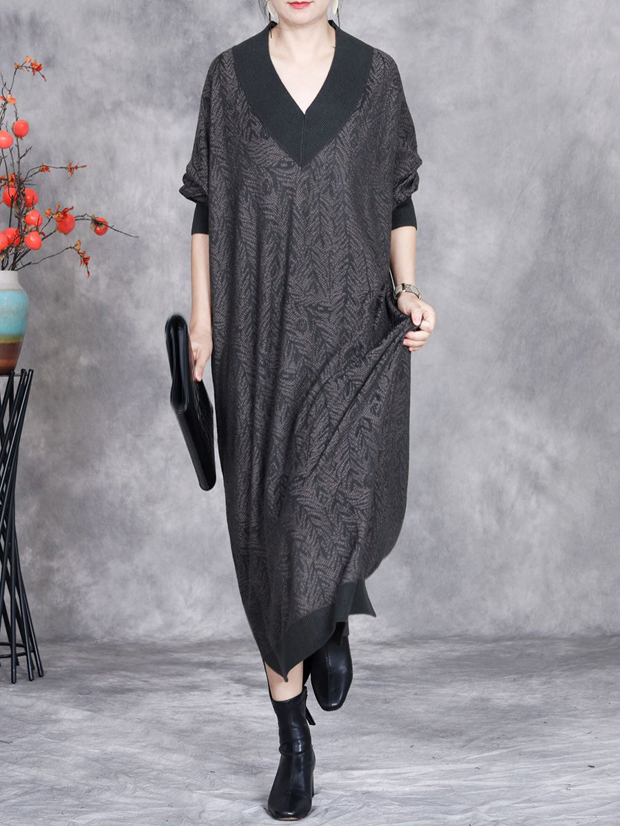 Women Autumn Artsy Colorblock V-neck Knit Dress