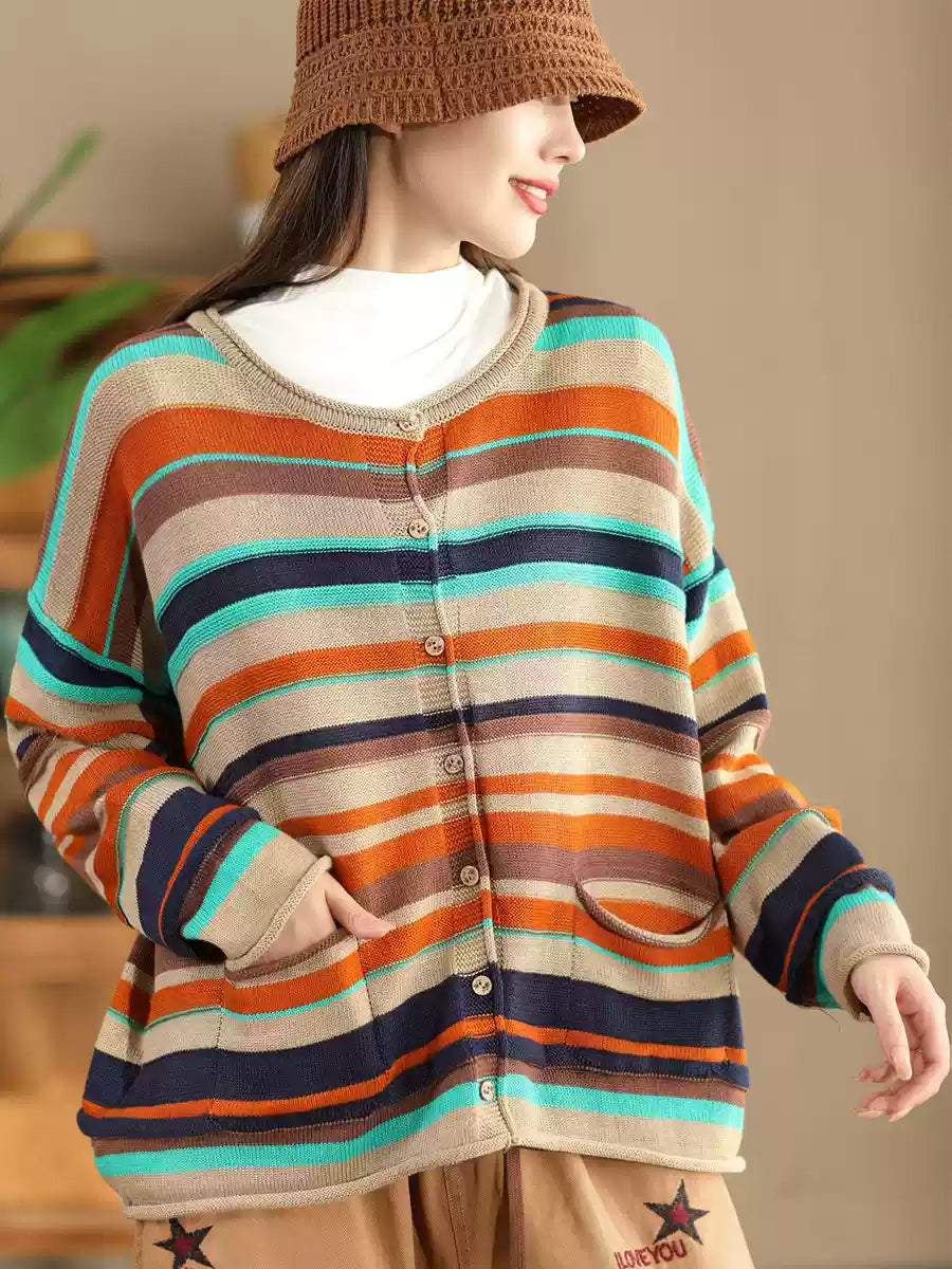 Women Casual Autumn Colorblock Stripe O-Neck Cotton Sweater