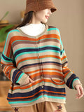 Women Casual Autumn Colorblock Stripe O-Neck Cotton Sweater