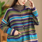 Women Casual Autumn Colorblock Stripe O-Neck Cotton Sweater