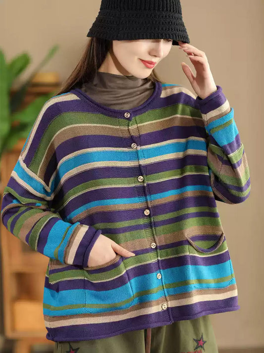 Women Casual Autumn Colorblock Stripe O-Neck Cotton Sweater