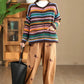 Women Casual Autumn Colorblock Stripe O-Neck Cotton Sweater