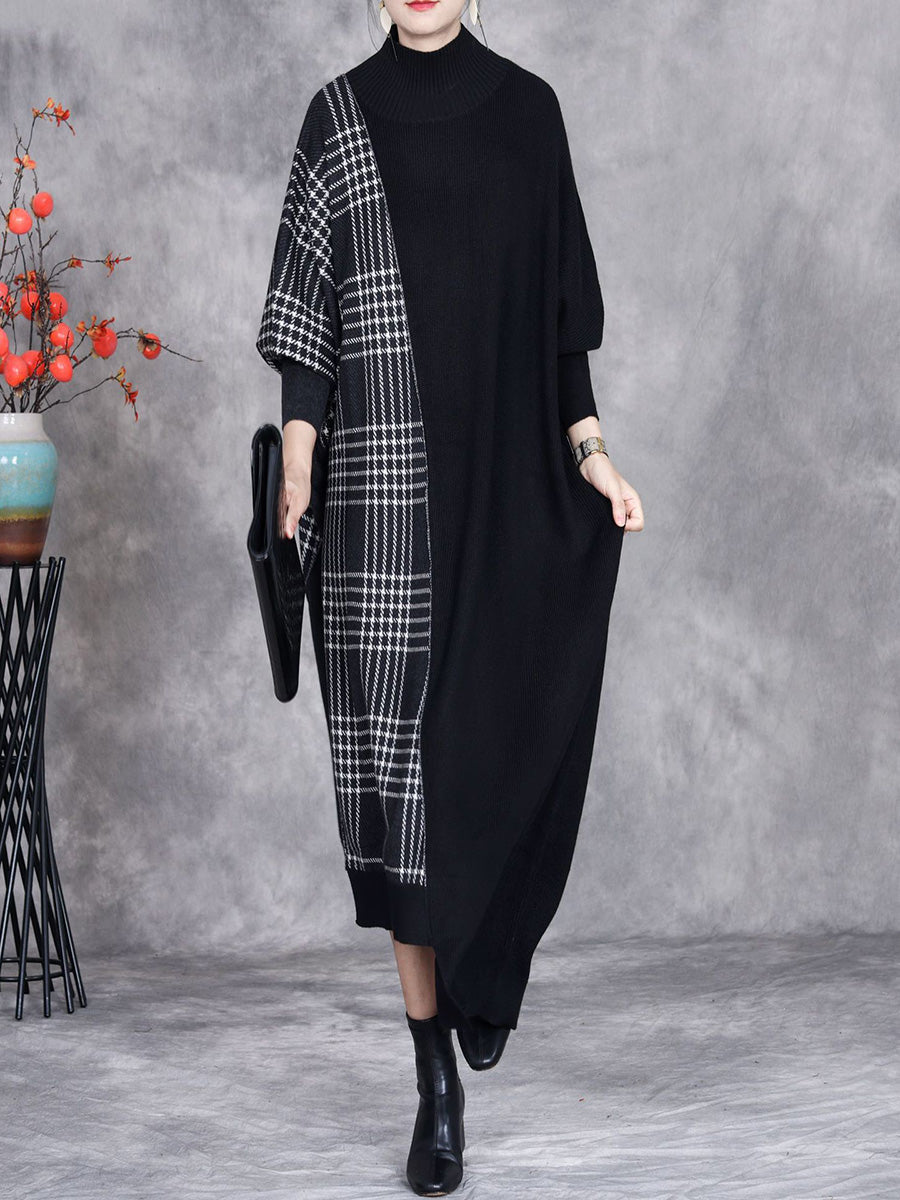 Women Autumn Artsy Plaid Irregular Spliced Knit Dress