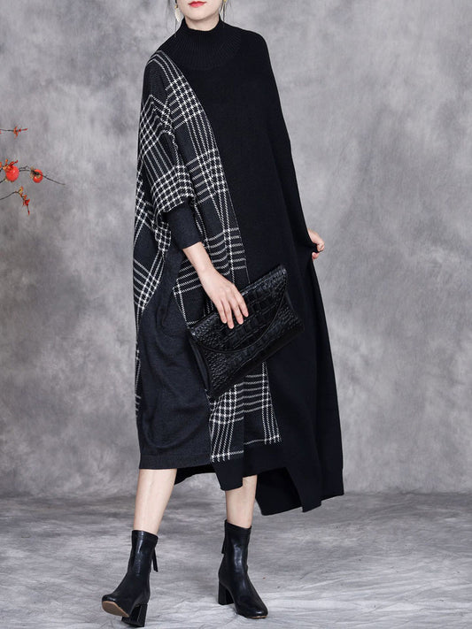 Women Autumn Artsy Plaid Irregular Spliced Knit Dress