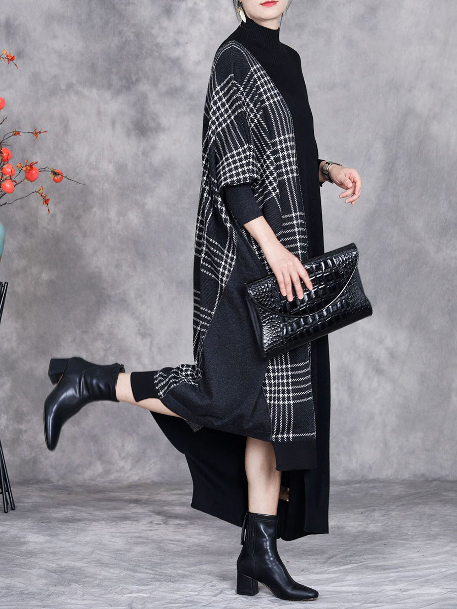 Women Autumn Artsy Plaid Irregular Spliced Knit Dress