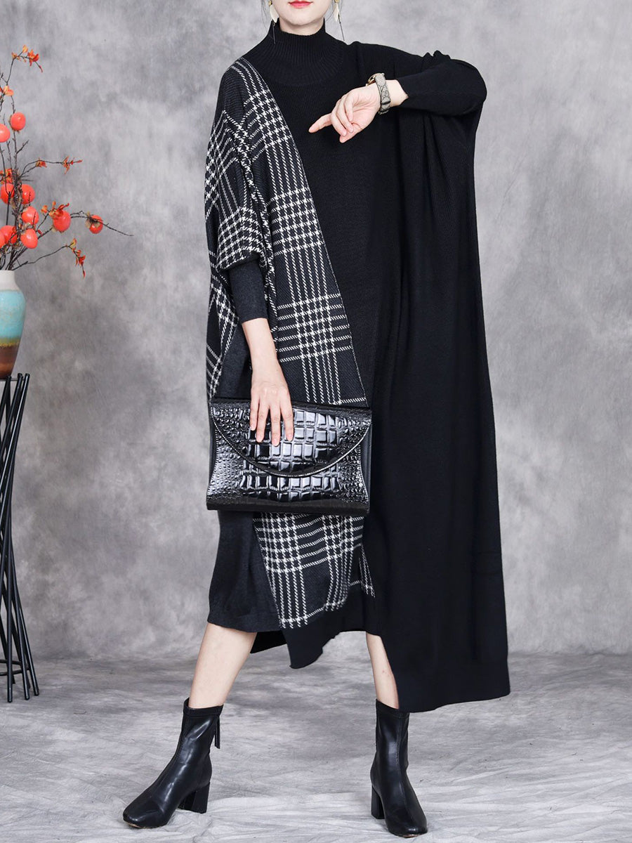 Women Autumn Artsy Plaid Irregular Spliced Knit Dress