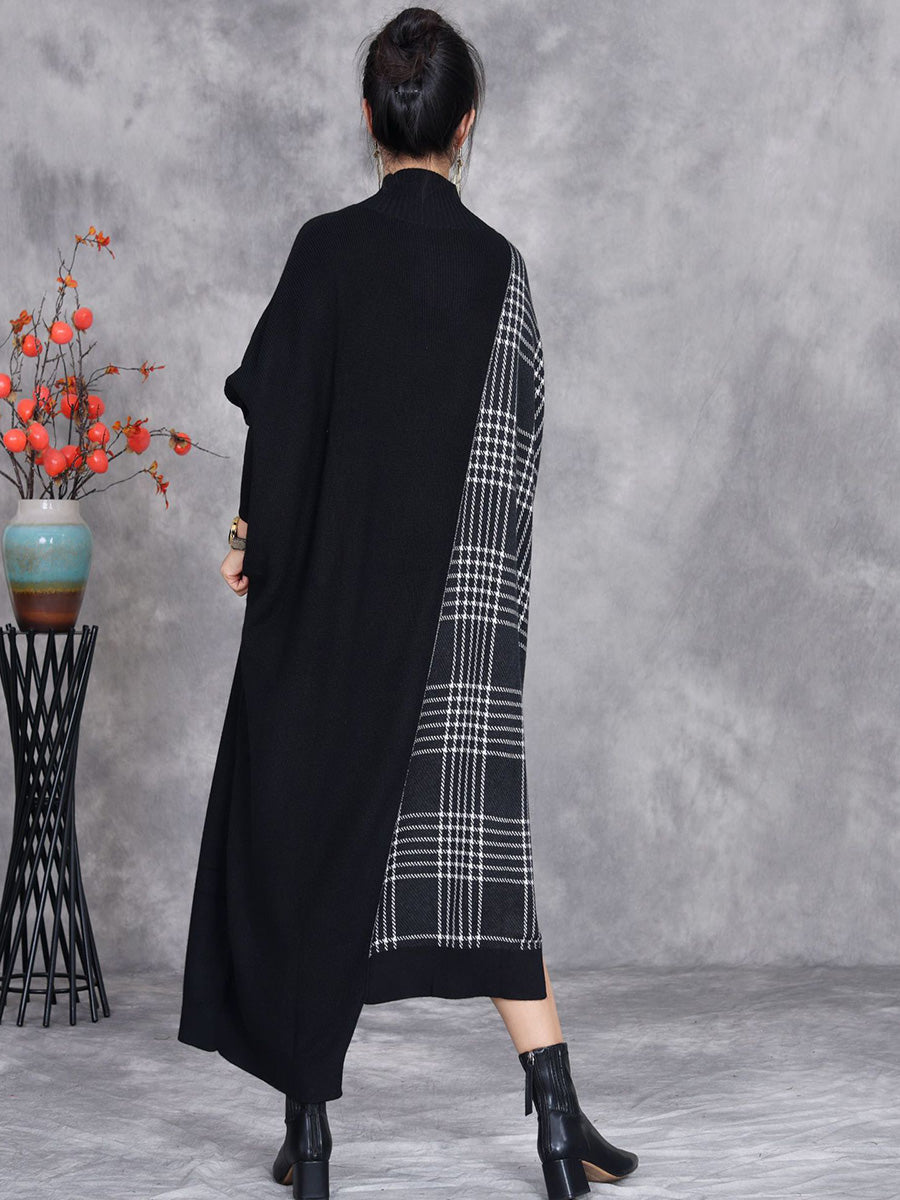 Women Autumn Artsy Plaid Irregular Spliced Knit Dress