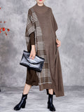 Women Autumn Artsy Plaid Irregular Spliced Knit Dress