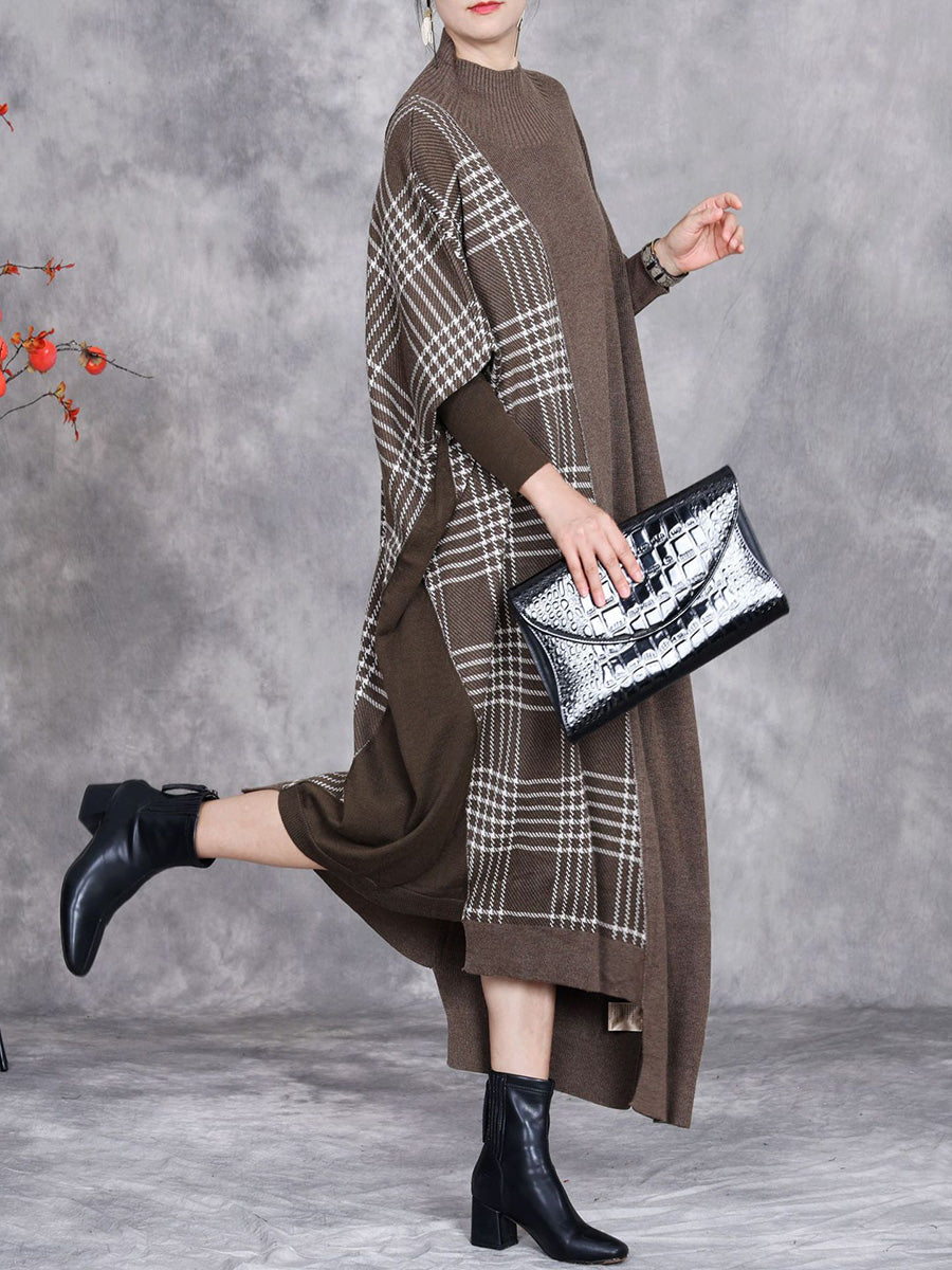 Women Autumn Artsy Plaid Irregular Spliced Knit Dress