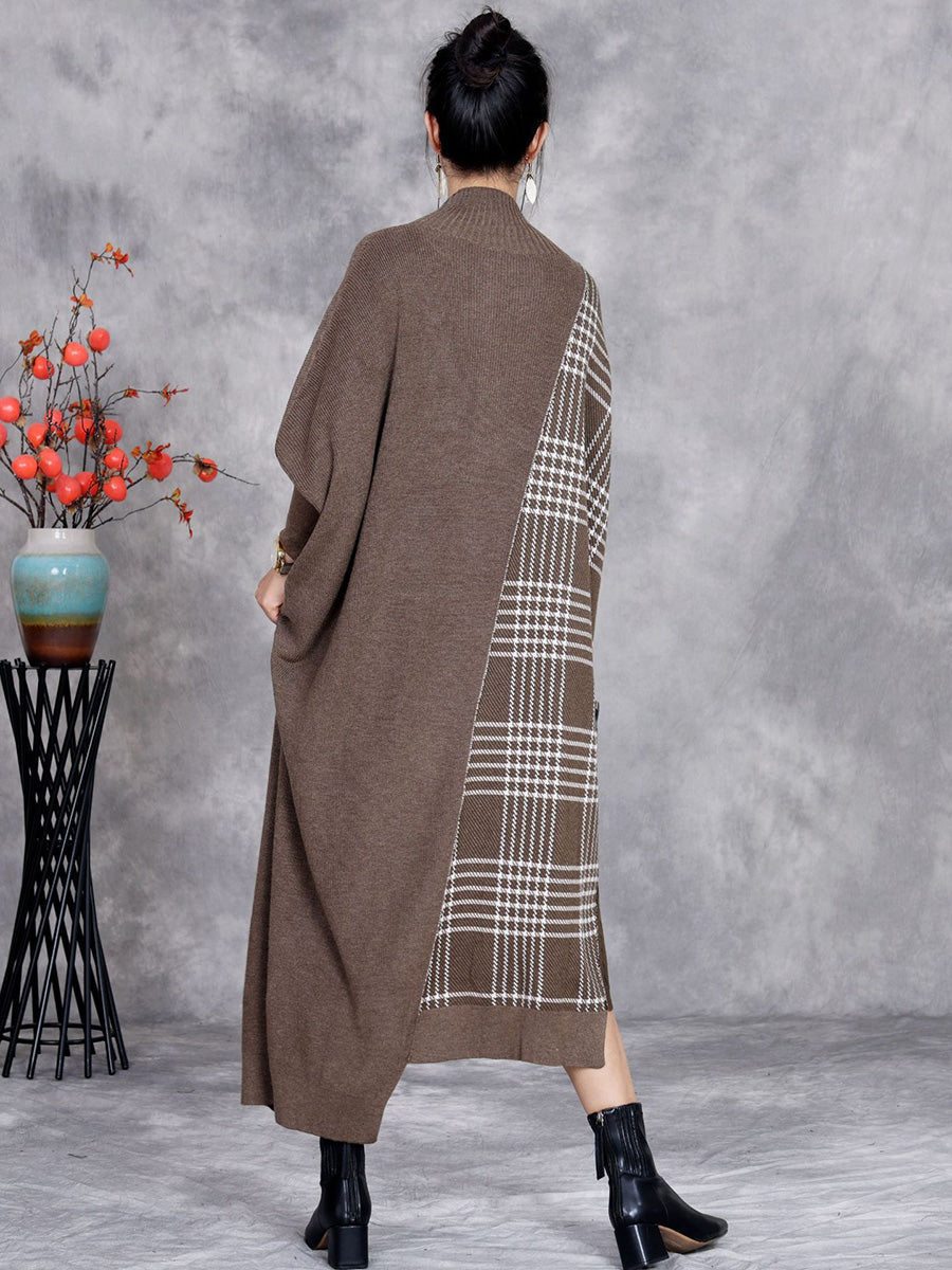 Women Autumn Artsy Plaid Irregular Spliced Knit Dress