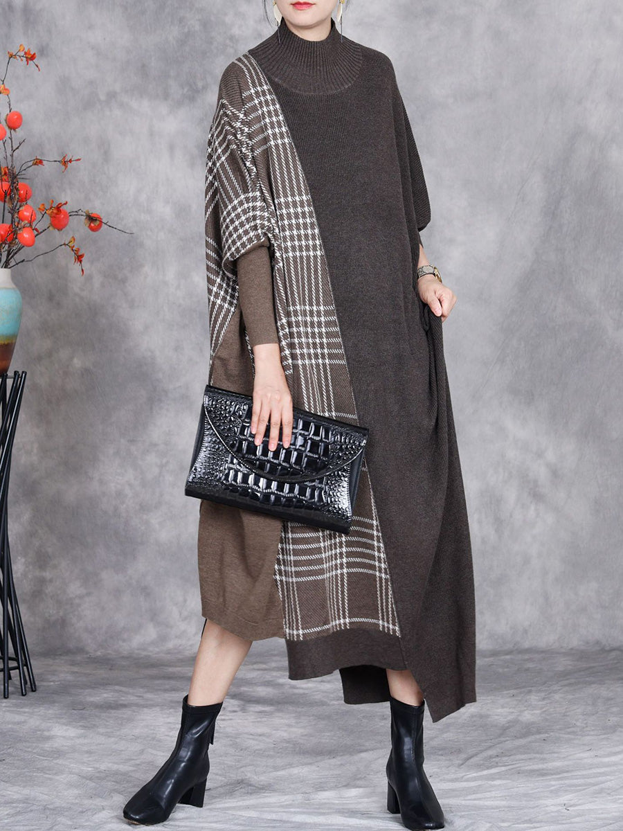 Women Autumn Artsy Plaid Irregular Spliced Knit Dress